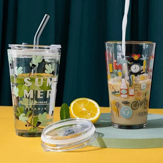 450ml Printed Glass Tumbler With Straw